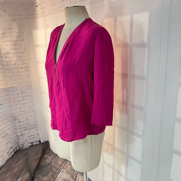 Theory 3/4 sleeve fuchsia hot pink silk zipper neckline blouse size petite - Picture 6 of 14